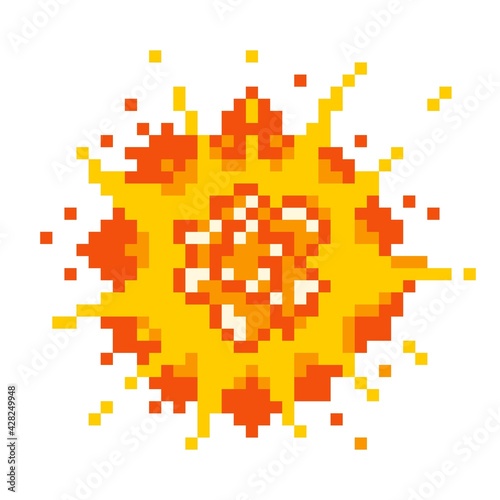 Destructive pixel explosion. Red detonation burst of energy with yellow fire flaming and glowing blazing vector sparks.