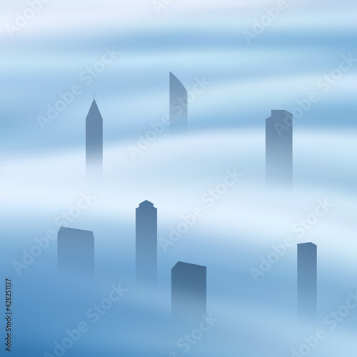 City skyscrapers. Foggy clouds. Pastel fog waves. Urban landscape