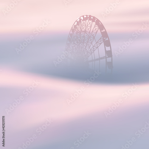 Ferris Wheel. Amusement park. Foggy clouds. Fog waves. Urban landscape