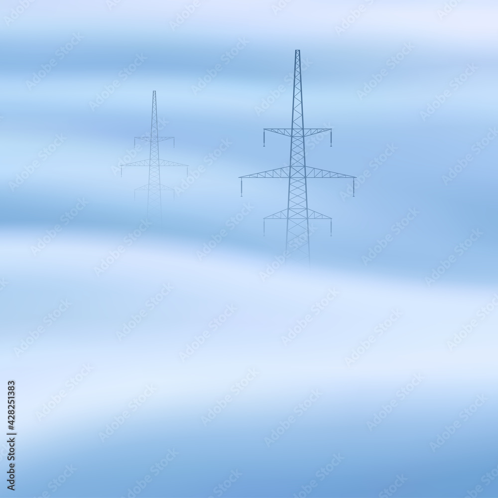 Transmission tower. Foggy clouds. Pastel fog waves. Urban landscape