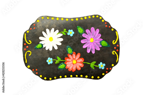 Stylized Zhostovo tray made of cardboard and plasticine. Children's craft photo