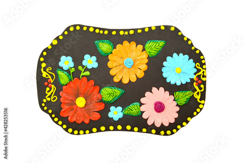 Stylization on the theme of Zhostovo painting made of cardboard and plasticine. Children's craft photo