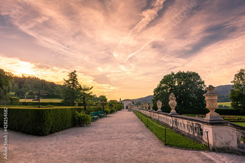 Amazing sunset over the gardens of the castle of Cesky krumlov Czechia