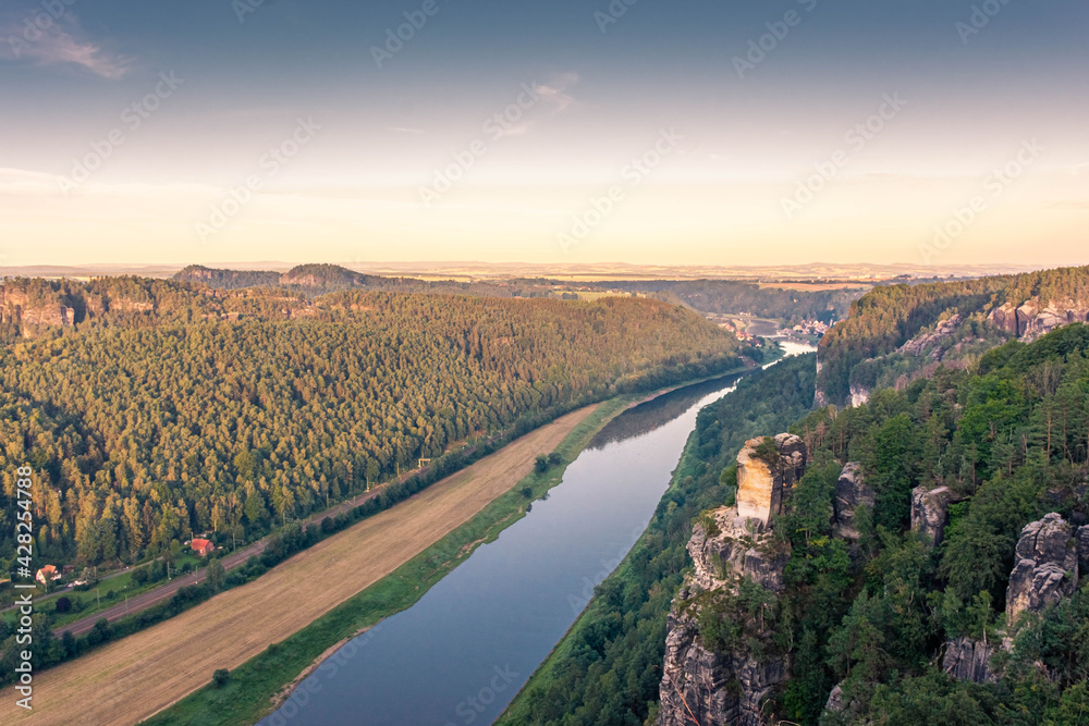 Amazing aerial view over the Elbe River, Saxon Switzerland National Park Germany