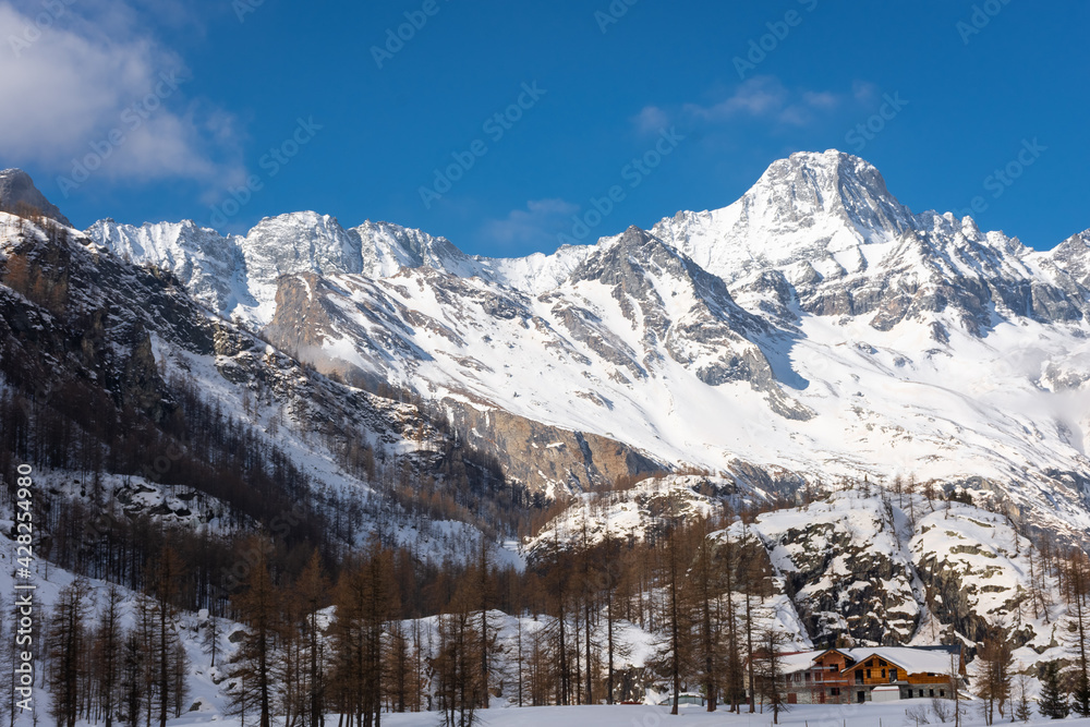 Snowy landscape in Pian della Mussa mountain, Piedmont, Italy