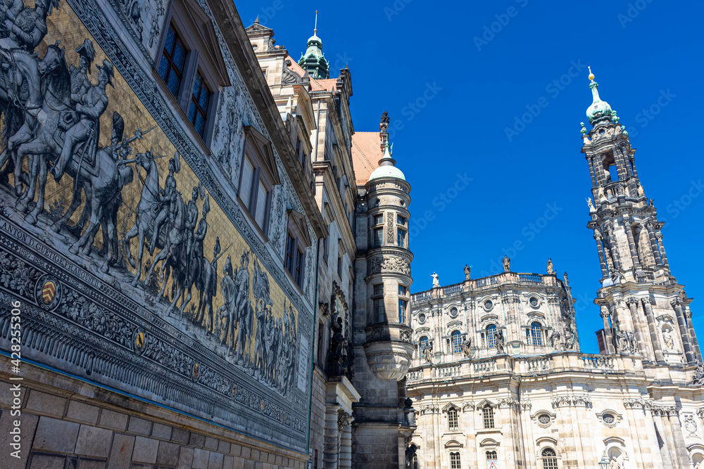 DRESDEN, GERMANY, 23 JULY 2020: Painted wall in the historic center DRESDEN, GERMANY, 23 JULY 2020: Painted wall in the historic center