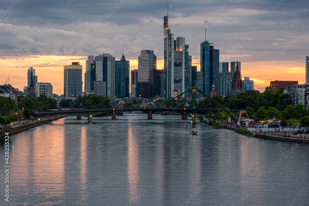 FRANKFURT, GERMANY, 25 JULY 2020: Cityscape image of Frankfurt am Main during sunset. FRANKFURT, GERMANY, 25 JULY 2020: Cityscape image of Frankfurt am Main during sunset.