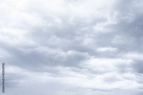 Cloudscape scenery, overcast weather above dark blue sky. Storm clouds floating in rainy day, abstract of natural atmosphere. White and grey scenic environment background. Nature scenic.