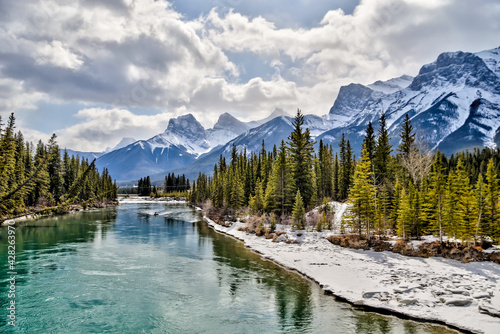Views along the Bow River amidst the Rocky Mountain Landscapes of Canmore Alberta