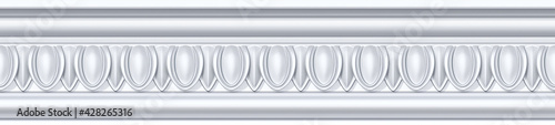 Seamless pattern of white classic mold cornice with classic ionic ornament for interior wall design. Repeating gypsum plaster frieze for ceiling decoration frame photo