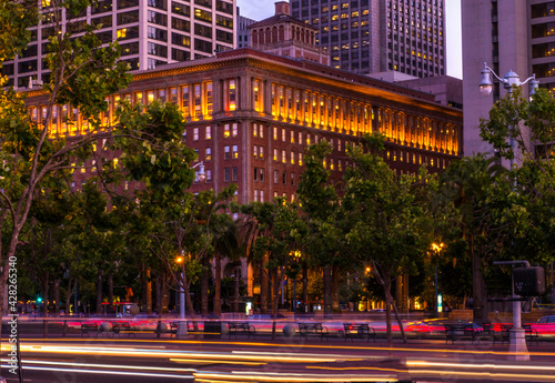 Southern Pacific Building, San Francisco, lights plus car lights, night. Skyline