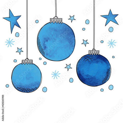 Drei hängende Christbaumkugeln Aquarell mit Sternen in blau