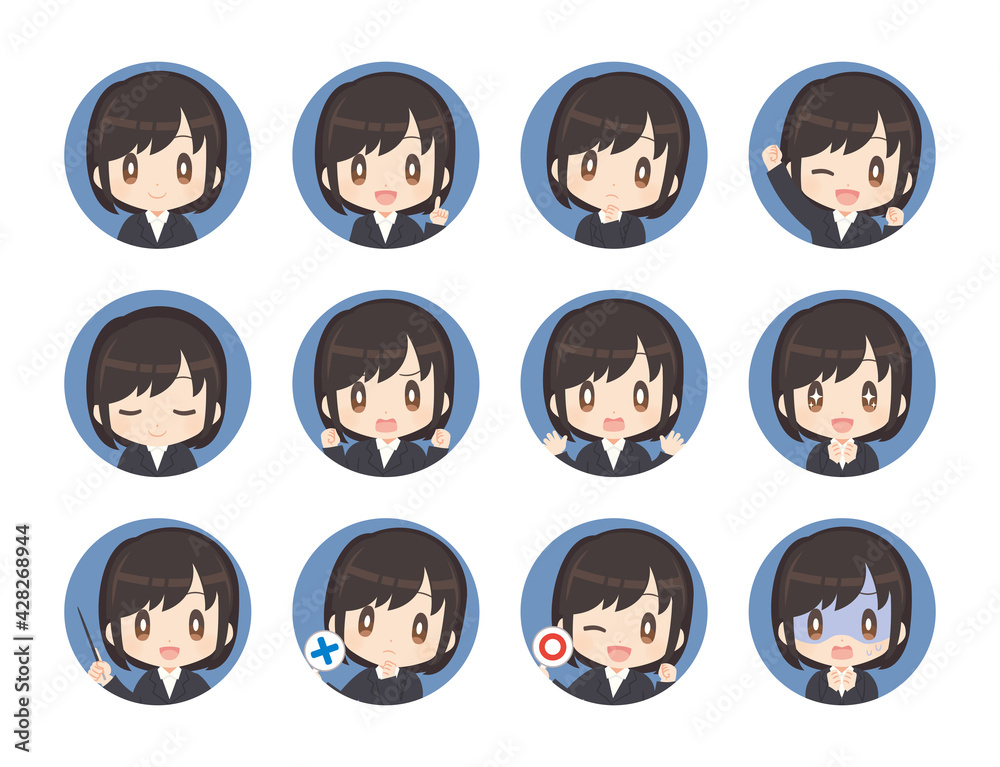 ビジネススーツ姿の女性 感情丸アイコンセット