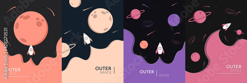 Vector illustration in abstract flat style. Minimalist color backgrounds collection. Space exploration concept. Saturn, Jupiter, Mars planets. Creative dark wallpaper. Modern design for poster, card