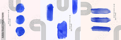 Vector illustration. Abstract contemporary aesthetic backgrounds. Design element for social media template, card, banner, poster. Scandinavian culture. Blue watercolor paints with golden splash dots