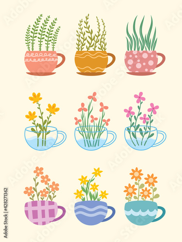 set of hand-drawn of a floral beautiful trendy modern teacup or glass cup with cute flowers ornaments.