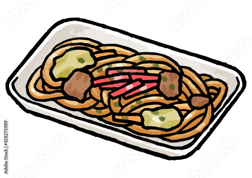 【手描きベクター食べ物イラスト素材】トレーに入った焼きそばのイラスト【縁日・お祭り・屋台の食べ物】
