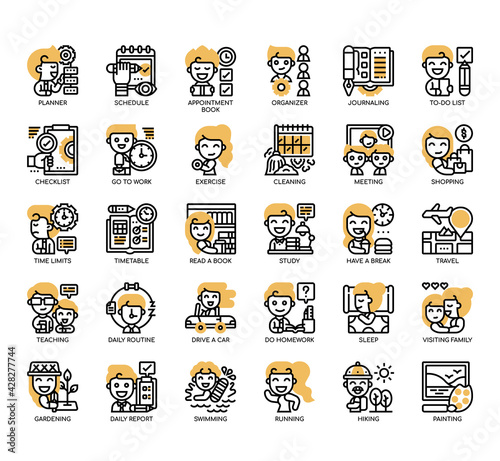 Set of daily planner thin line and pixel perfect icons for any web and app project.