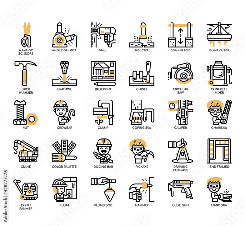 Set of construction tool thin line and pixel perfect icons for any web and app project.