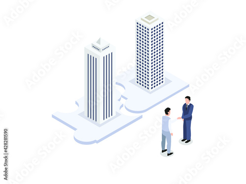 Teamwork agreement vector concept. Two young businessmen handshaking together while standing with two office buildings on the puzzle piece