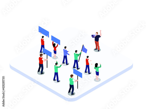 Demonstration vector concept. Young man shouting through megaphone while leading demonstrations