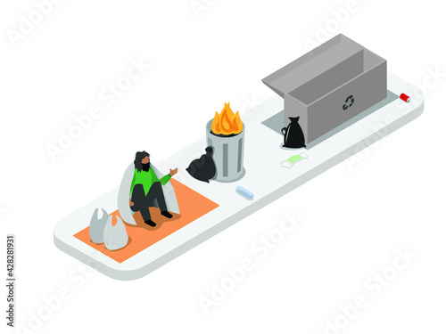 Poverty vector concept. Male beggar hands asks for help from passing people along a road while sitting near dirty trash can