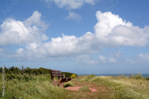 Chance to sit and rest on a coastal walk in Devon  this bench allows for a wonderful view of the countryside and coast.