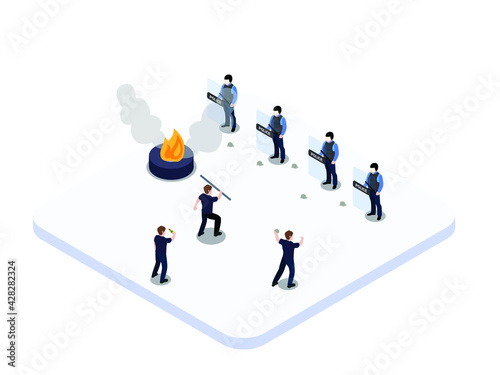 Protesters riots vector concept. Protesters throws stones and smoke bombs toward police officer during road riots.
