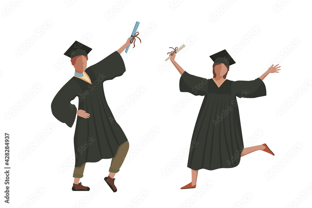Students graduates a man and a girl in university dresses are happy, holding diplomas in their hands. Flat vector illustration. Stock. Students graduates a man and a girl in university dresses are happy, holding diplomas in their hands. Flat vector illustration. Stock.
