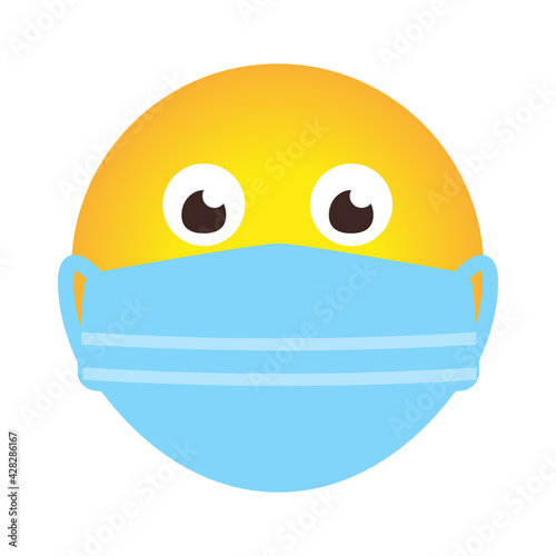 Single emoji icon in medical mask. Smile in cartoon style as sign protect against spread of coronavirus. Concept stop COVID-19. Emoticon in face protective mask. Isolated on white vector illustration