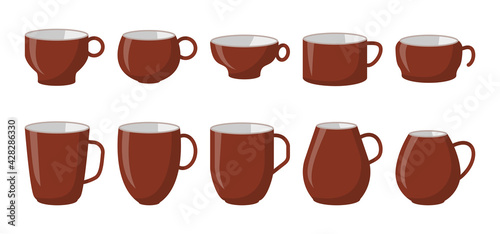 Cartoon style classic white coffee cup mockup icon set. Flat different shape empty template mug for design logo, label, tea house shop menu. Brown ceramic clean container for drink Vector illustration