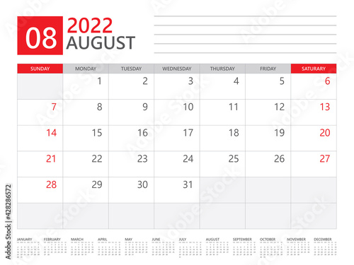 August 2022 year, Calendar planner 2022 and Set of 12 Months,  week start on Sunday. Desk calendar 2022 design, simple and clean design, Wall calendar, Corporate design planner template vector