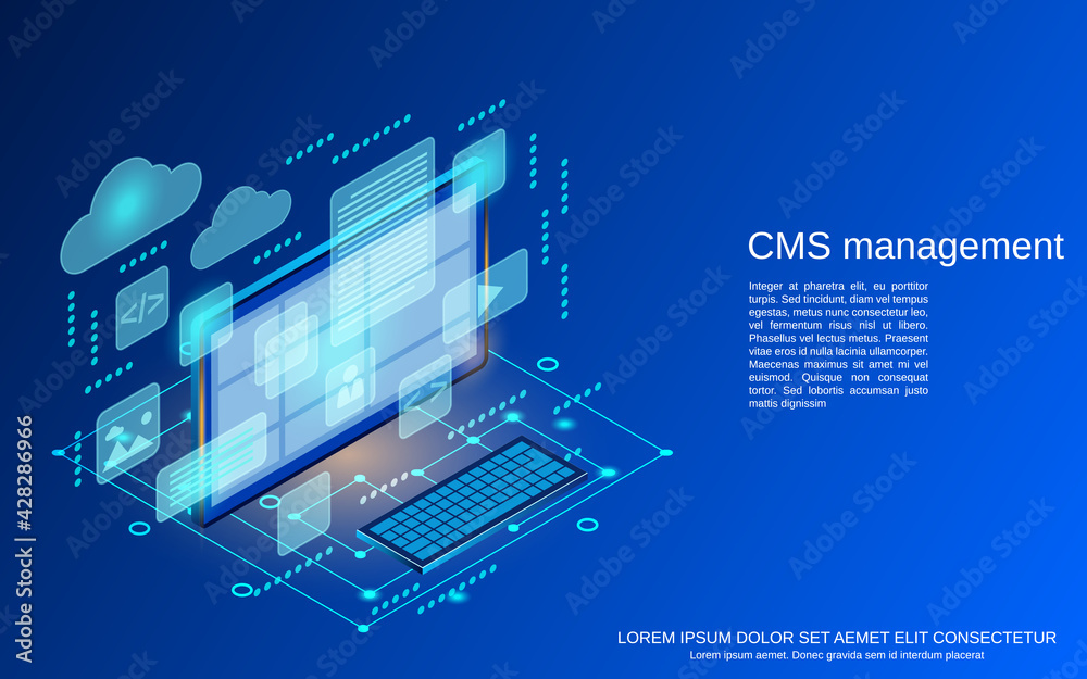 CMS management, web application development, website interface design flat 3d isometric vector concept illustration