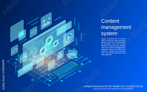 Content management system, web application development, website interface design flat 3d isometric vector concept illustration