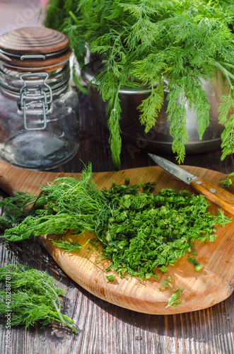 Freshly cut, green young dill chopped on a kitchen board.
