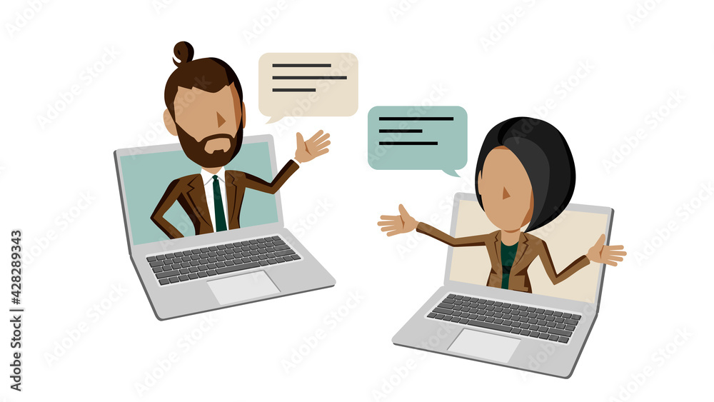 PCの画面から飛び出して会話するスーツ姿の男性と女性のイラスト PCの画面から飛び出して会話するスーツ姿の男性と女性のイラスト
