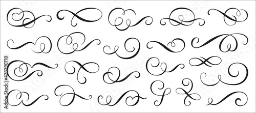 Calligraphic swirl ornament, line style flourishes set. Filigree ornamental curls. Decorative design elements for menu, vignette, certificate, diploma, wedding card, invatation, outline text divider