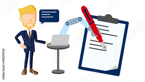 音声で機械を操作して文字を書く人物のイラスト	