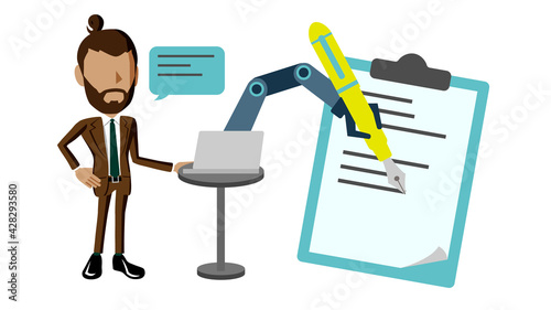 音声で機械を操作して文字を書く人物のイラスト	