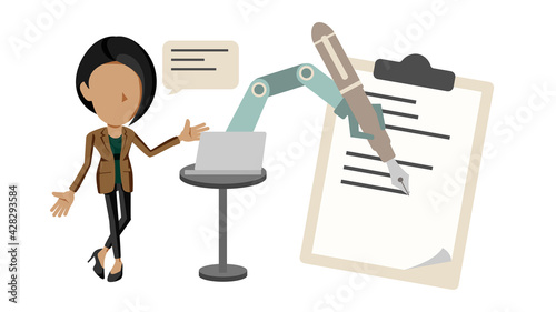 音声で機械を操作して文字を書く人物のイラスト	