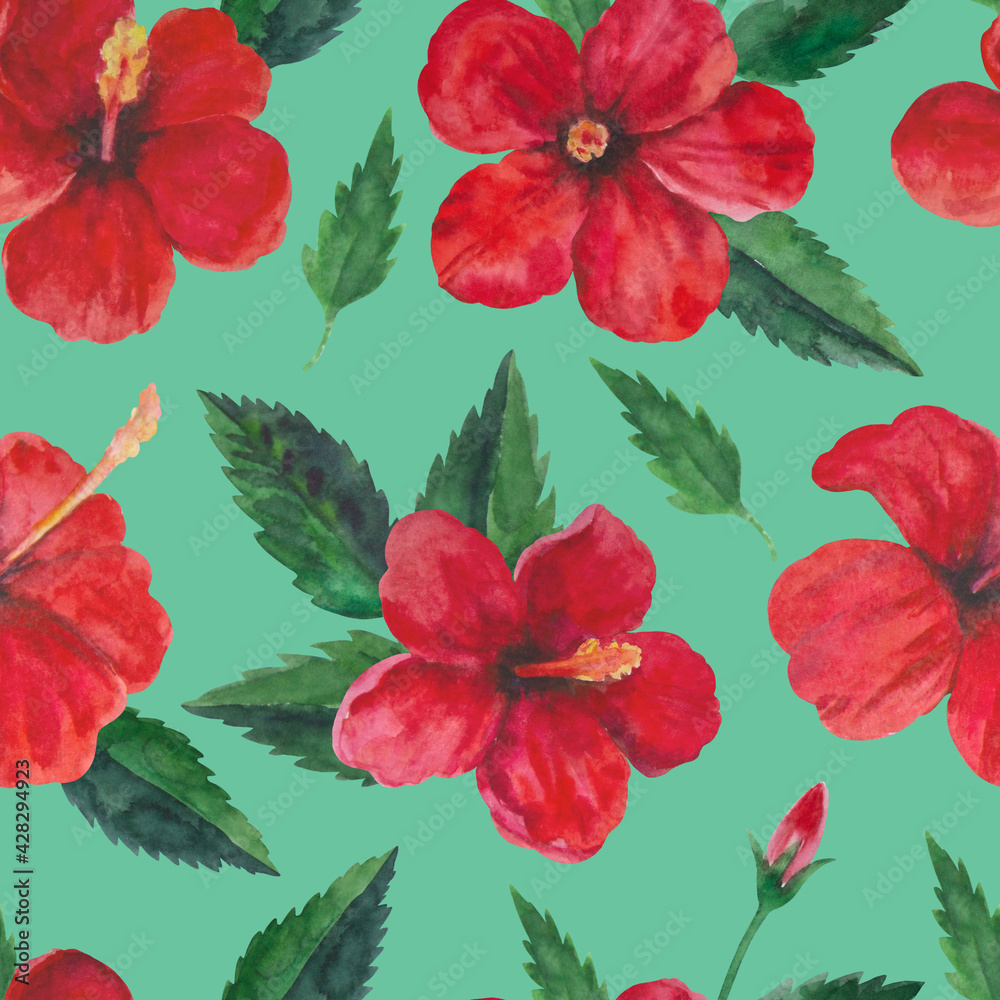 Tropical seamless pattern with red hibiscus flowers and leaves. Watercolor illustration.