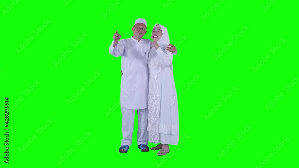 Muslim senior couple looks at copy space on studio Muslim senior couple looks at copy space on studio
