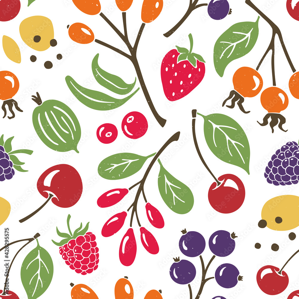 Cute berry seamless pattern. Bright and juicy berries on white background. Vector shabby hand drawn illustration Cute berry seamless pattern. Bright and juicy berries on white background. Vector shabby hand drawn illustration