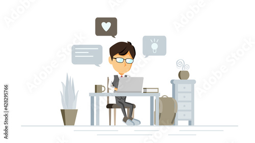 自宅でPC作業をする人物のイラスト	