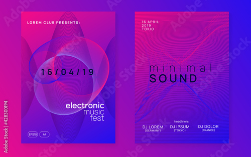 Neon sound flyer. Electro dance music. Electronic fest event. Club dj poster. Techno trance party.