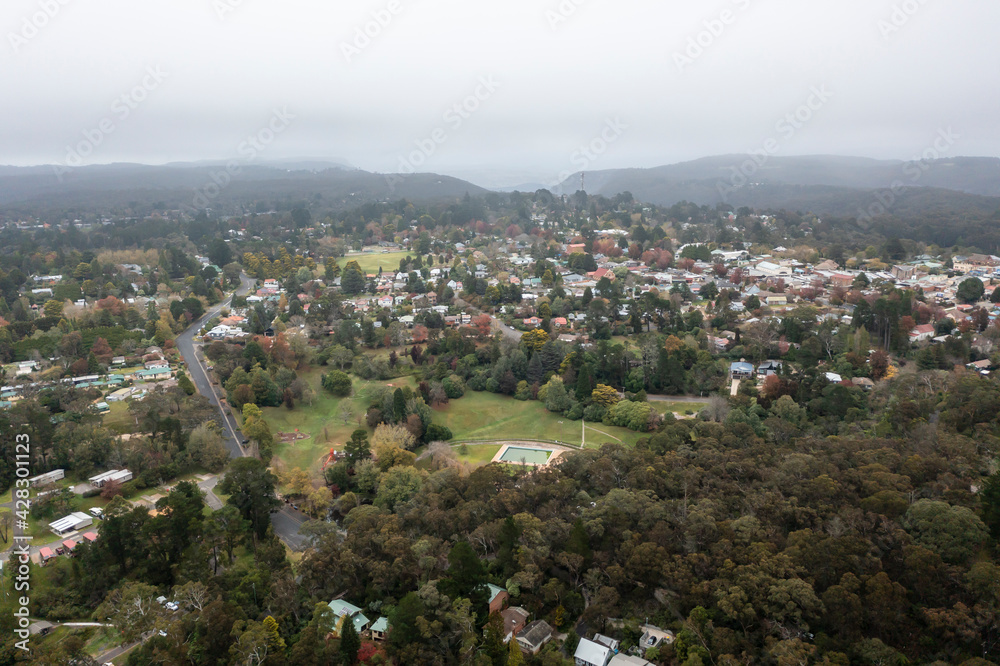 Drone aerial photograph of low clouds over The Blue Mountains