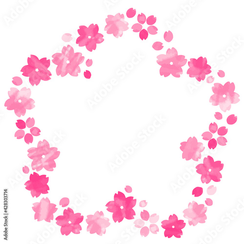 ピンクと赤の水彩画の桜が花の形に並ぶ飾り枠