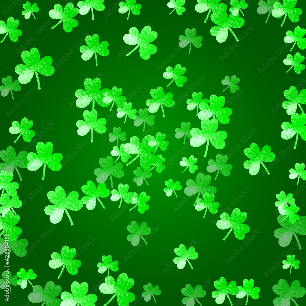 Clover background for Saint Patricks Day. Lucky trefoil confetti. Glitter frame of shamrock leaves. Template for poster, gift certificate, banner. Irish clover background. Clover background for Saint Patricks Day. Lucky trefoil confetti. Glitter frame of shamrock leaves. Template for poster, gift certificate, banner. Irish clover background.