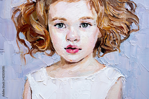 .Little girl in a white dress on a light background. Portrait of a cute curly child. Oil painting on canvas.