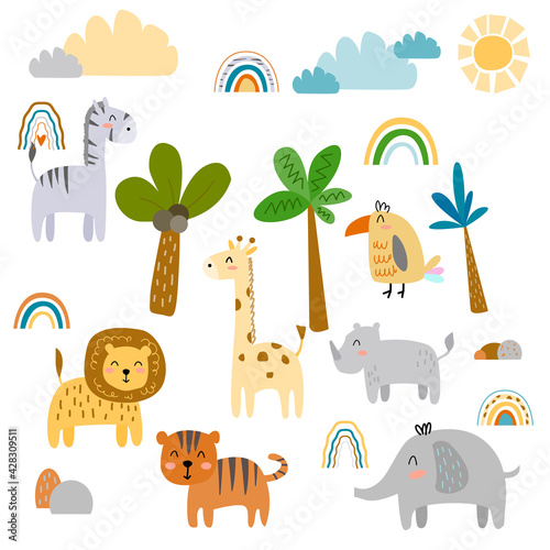 Cute safari animals set on white backgound. Jungle animals vector set